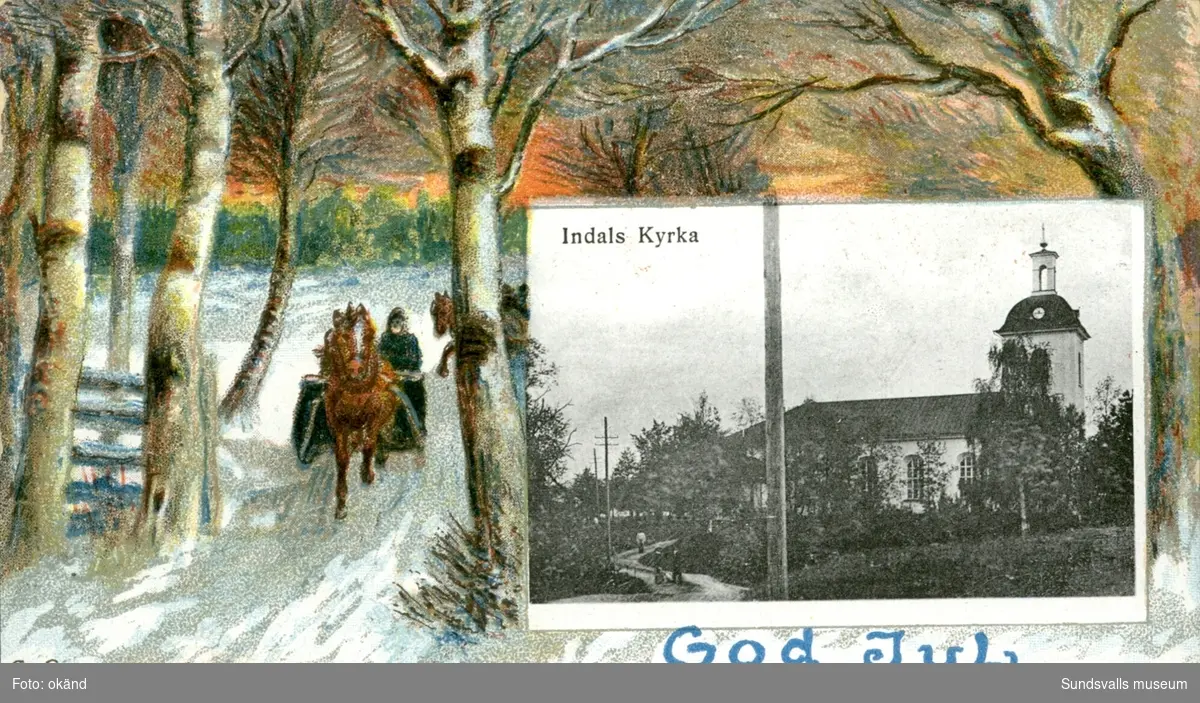 Vykort med motiv över Indals kyrka med texten God Jul.