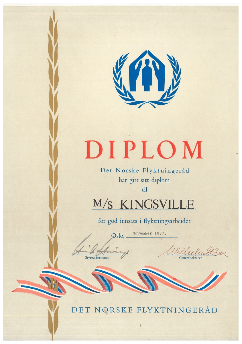 Diplom utstedt til M/S Kingsville i forbindelse med berging av vietnamesiske flyktninger