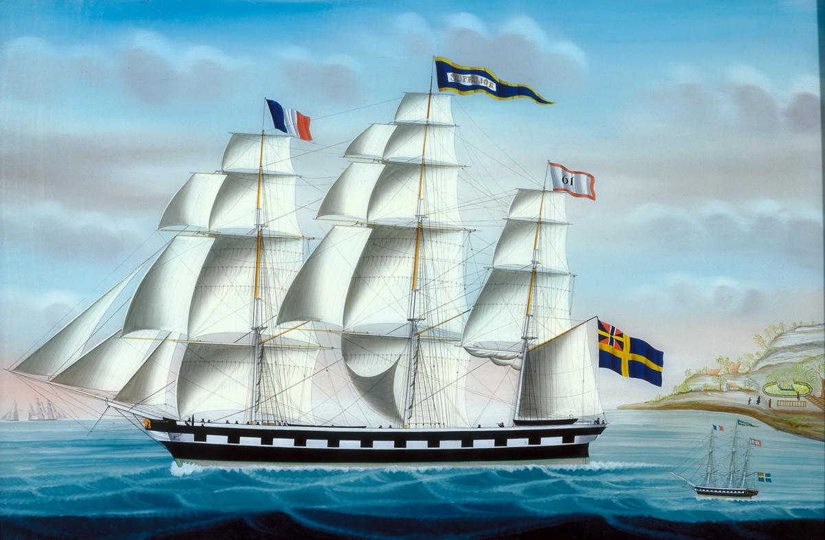Fartygsmålning föreställande fartyget Superior, Glasmålning signerad P. Weyts.