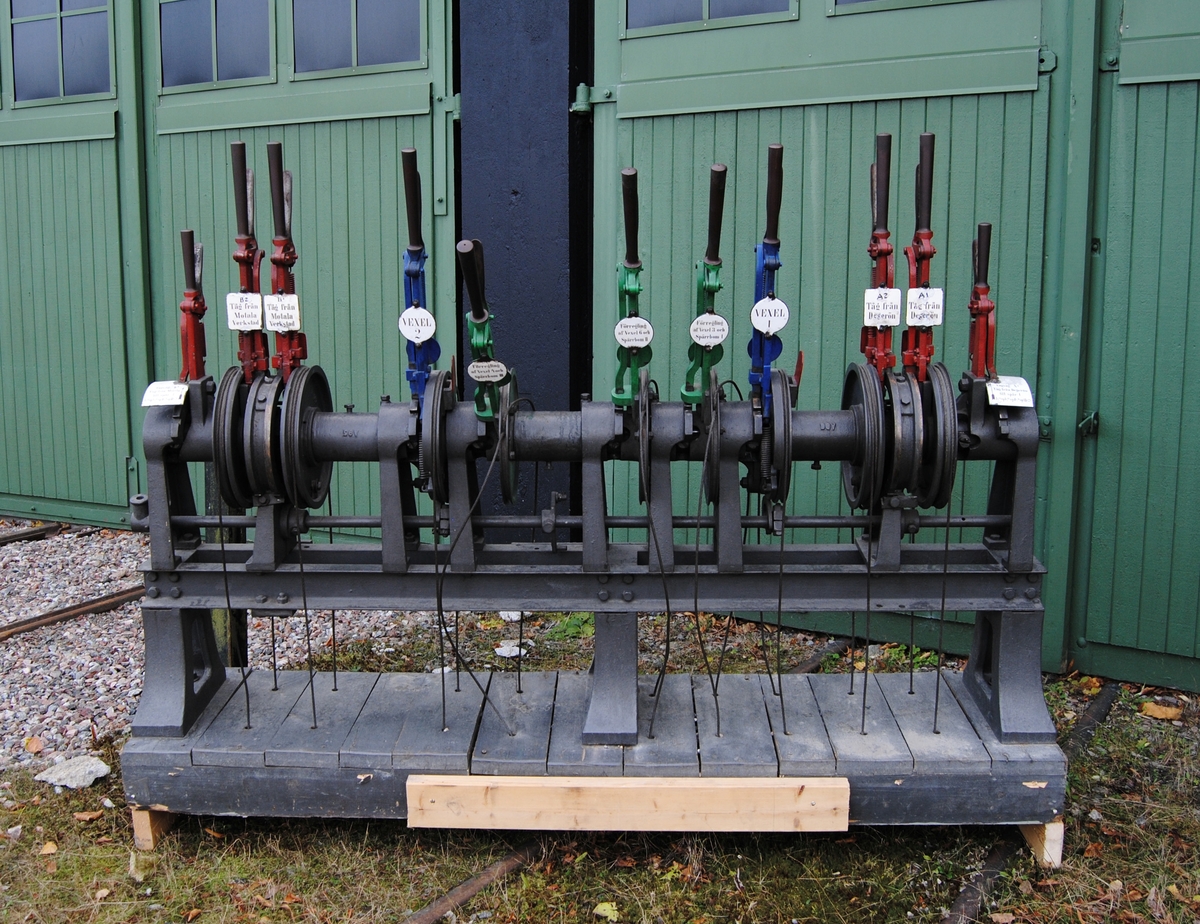 Ställverket består av:
4 röda signalhävstänger
2 blå växelhävstänger
3 gröna förregleringshävstänger
2 röda tågvägshävstänger
Fundament av gråmålat trä