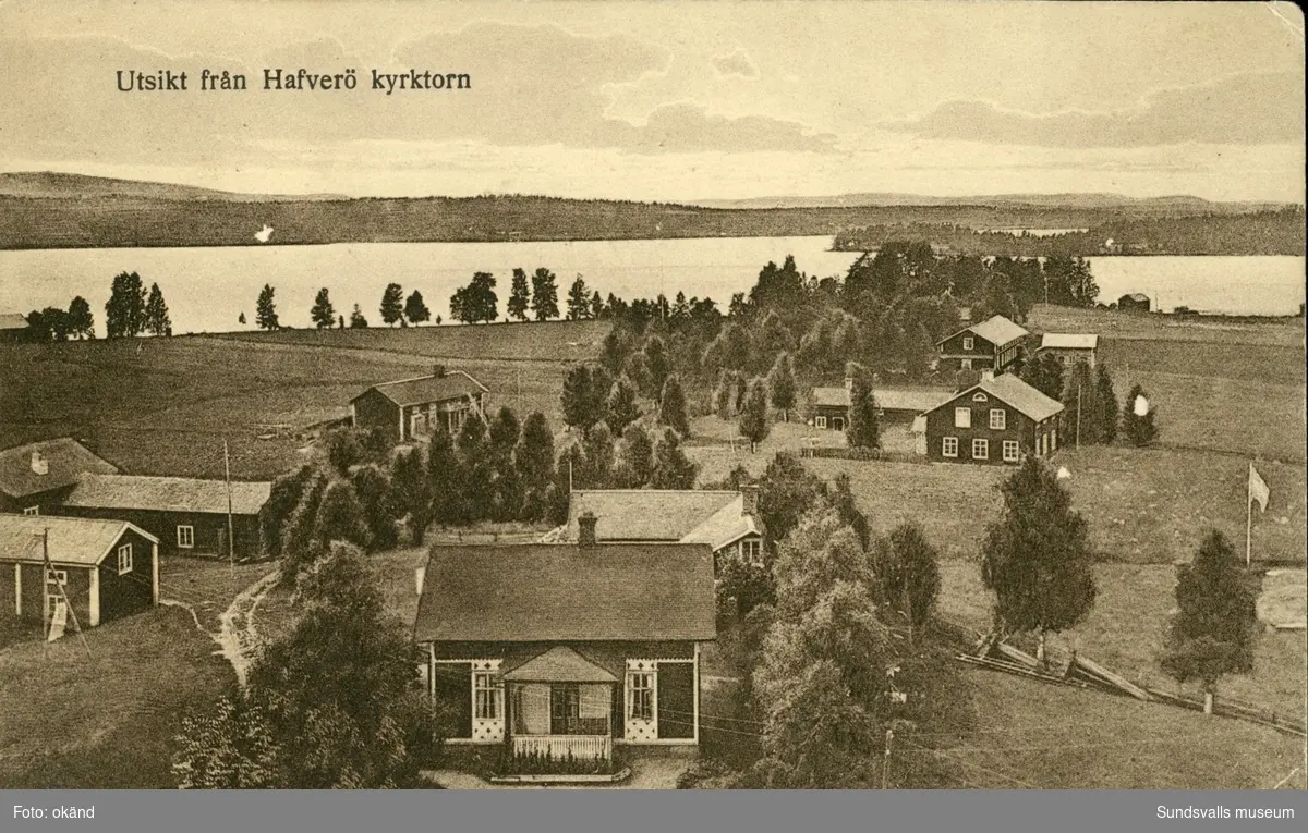 Vykort med motiv över utsikten från kyrktornet i Haverö.