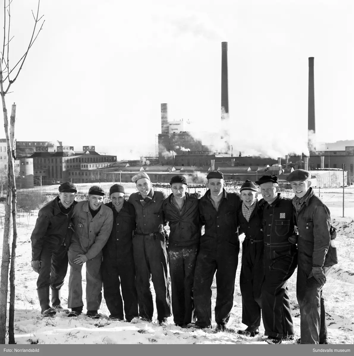 Nio stycken av Wifsta-Östrands (senare Timrå IK) hockeyspelare som också jobbade på fabriken. Gruppfoto.