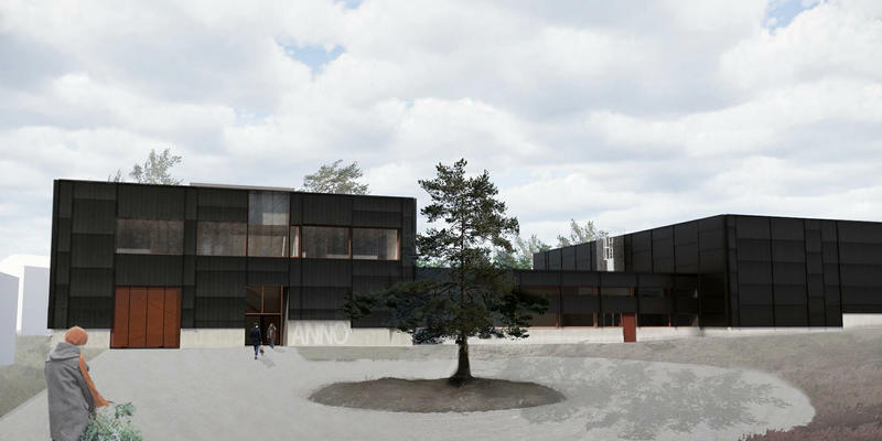 Arkitekttegning av adkomsten til det nye dokumentasjonssenteret som Anno skal bygge ved Glomdalsmuseet.