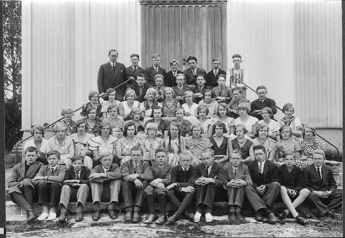 Konfirmanter ved Holmen Kirke, Prestfoss, ant. 1934. Øverst til venstre Bjarne Skard, sogneprest i Sigdal 1932-38. Senere biskop i Tunsberg fra 1948.