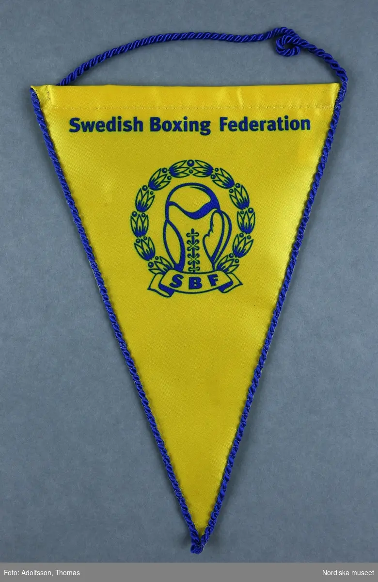 1 styck vimpel i gult med detaljer i blått. Med Swedish Boxing Federations emblem. 

Längd 20 cm.
Bredd 14cm.

2019-03-01 Cecilia Hammarlund-Larsson/Lena Kättström Höök