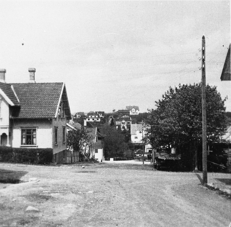 Frå Parkvegen mot Brynehaugen. Huset til venstre var bygd av Petter Lende ca 1910. Dr. Carl Aasland bygde nytt her i 1950 åra. Eigar i 1990 er optikar Arne Aarsheim. Midt i biletet bar kan ein sjå fødeheimen på Brynehaugen.