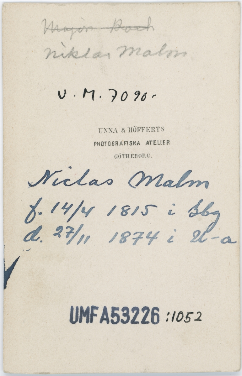 Text på kortets baksida: "Niklas Malm, f 14/4 1815 i Gbg d. 27/11 1874 i U-a".