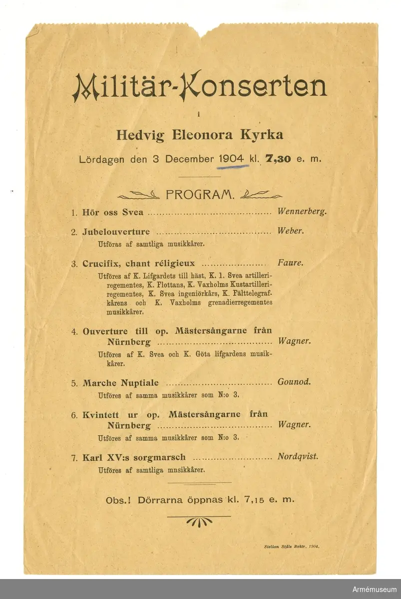 Grupp M I.
Program för militärkonsert i Hedvig Eleonora kyrka den 3 december 1904.