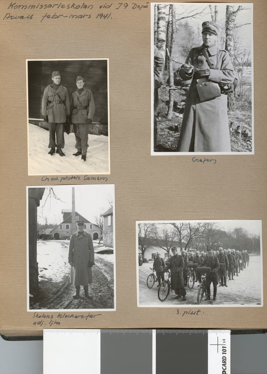Text i fotoalbum: "Komissarieskolan vid I 9 Depå Axvall febr-mars 1941. Ch och pluch Samson".