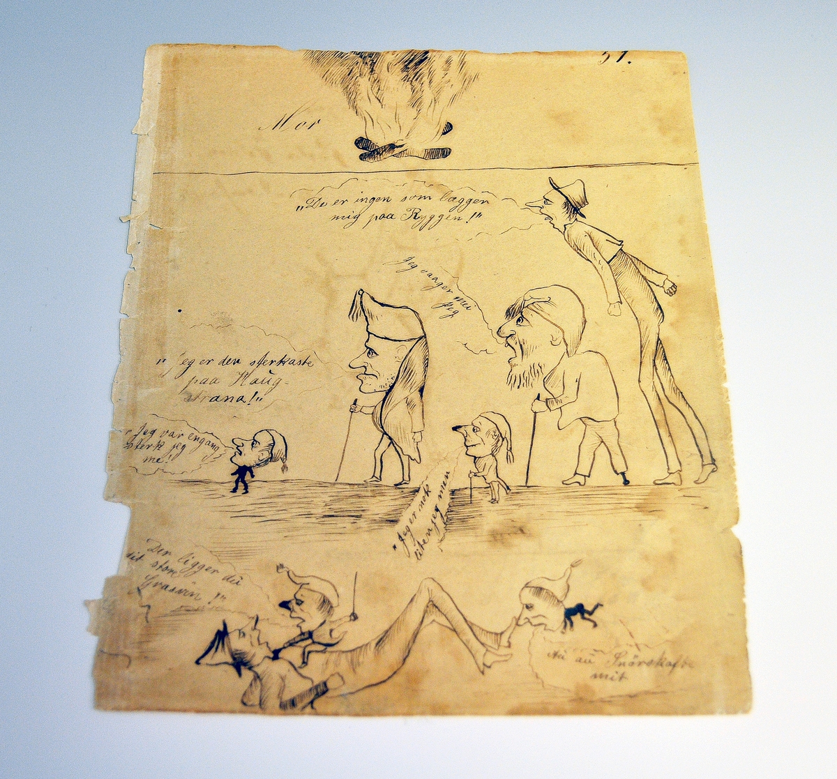 4 ark med små satiriske tegninger og tekster m.m. Blyant/penn på papir. Uinnrammet. En med signaturen Theodor S. Kittelsen.