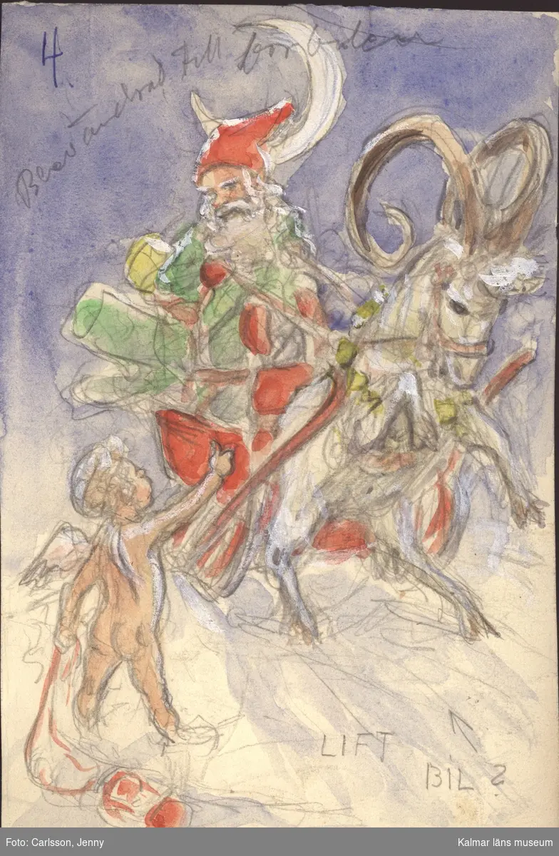 Sid 1: En tomte rider på en getabock, han har en massa julklappar med sig. Vid sidan om står en pojke med vingar, han håller i bandet till ett timglasliknande föremål som ligger på marken. Sid 2: Tomtar klättrar i en granrisgirlang med en stor röd klocka längst ner.
