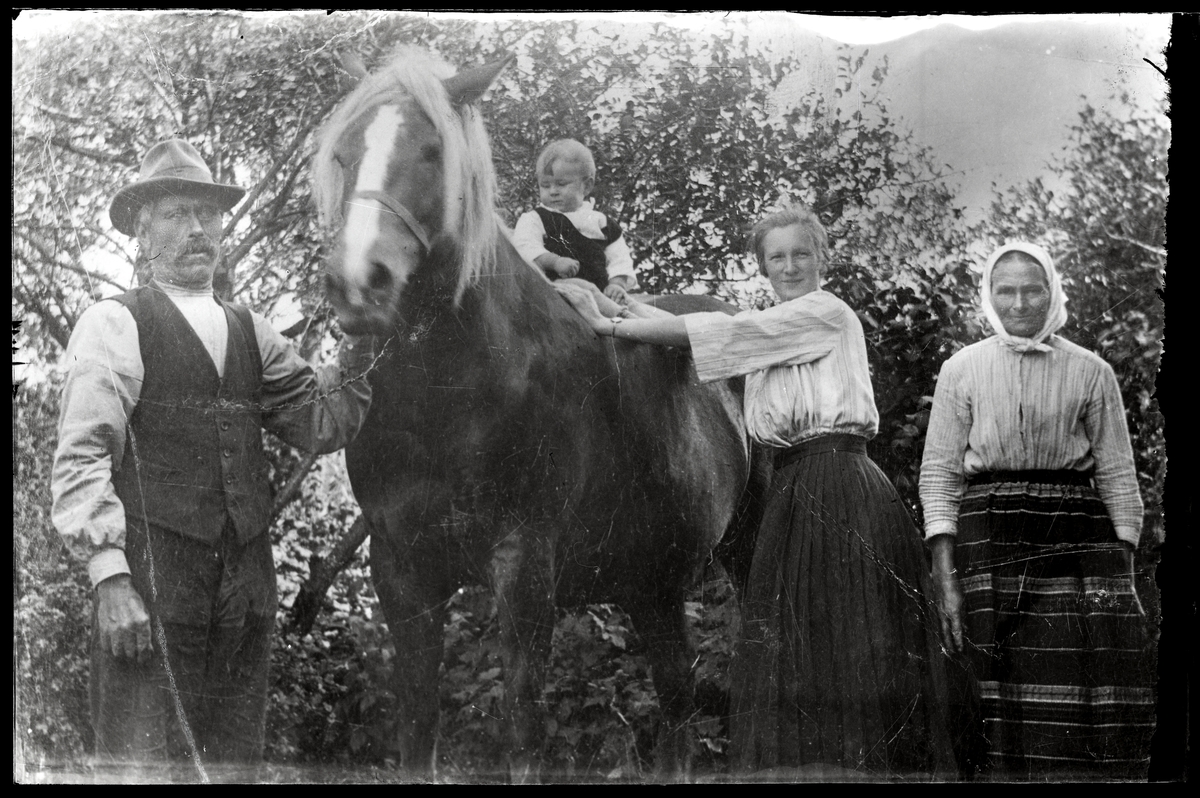 Familj samlad runt häst