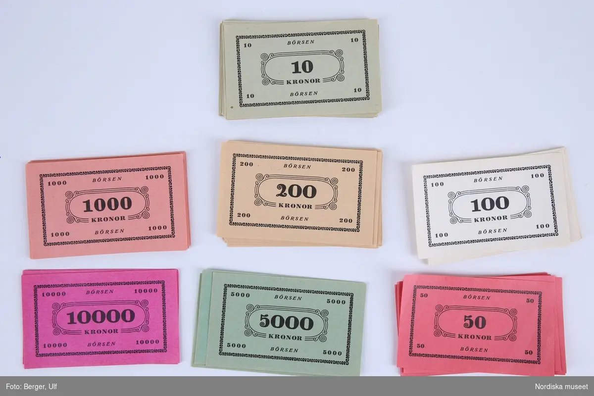 Sällskapsspel för 2 till 10 spelare, med en a) spelplan av vaxduk, b+) 200 låtsasaktier av papper, c+) 16 börsnoteringar, d+) tio spelpjäser av rödmålat trä och e+) papperssedlar i olika färger och valörerna 10 kr., 50 kr., 100 kr., 200 kr., 1.000 kr., 5.000 kr. och 10.000 kr. Aktiebreven gäller tio olika bolag, exempelvis Goodyear, Corona och Arsenal. Börsnoteringarna varierar mellan exempelvis Hausse, Baisse, Oförändrad eller Svart dag. Spelplanen är indelad i rutor med olika värden för de tio aktiebolagen. Om värdet sjunker till noll väntar konkurs. Spelet ligger i en f:1-2) kartong med fyra fack för delarna. Ett papper med tryckta spelregler sitter fastlimmad på kartonglockets insida.