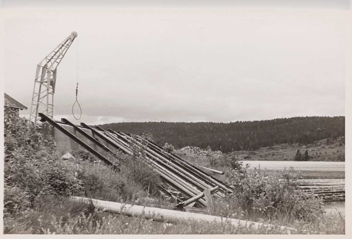 Kran for lossing av tømmer på Skulerud brygge