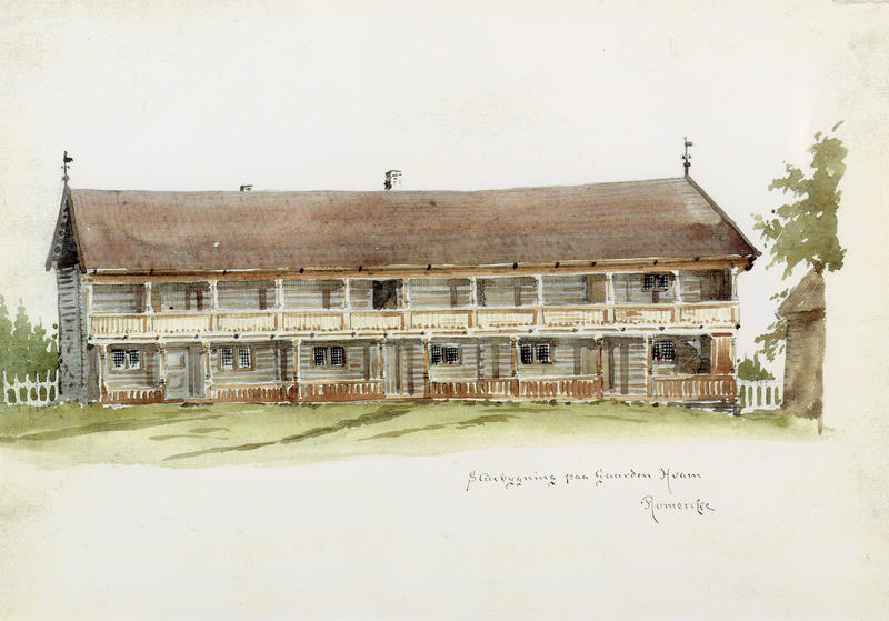 John Meyer akvarell fra 1892. Viser hvordan bygningen så ut da den var ny.