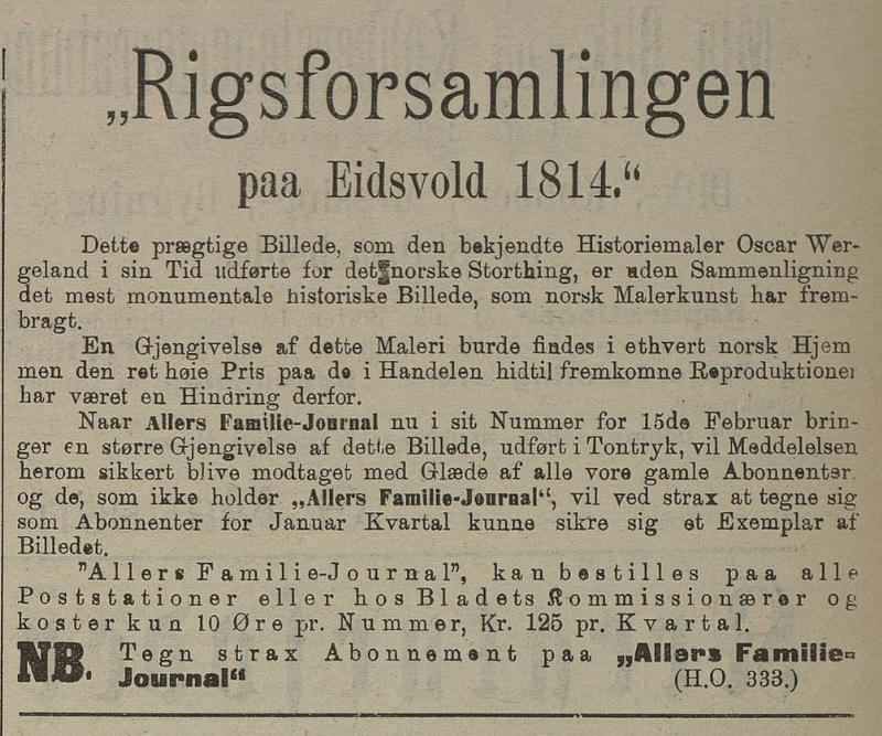Faksimile. Annonse for Allers Familiejournal i Flekkefjordsposten 13. februar 1903 (Foto/Photo)
