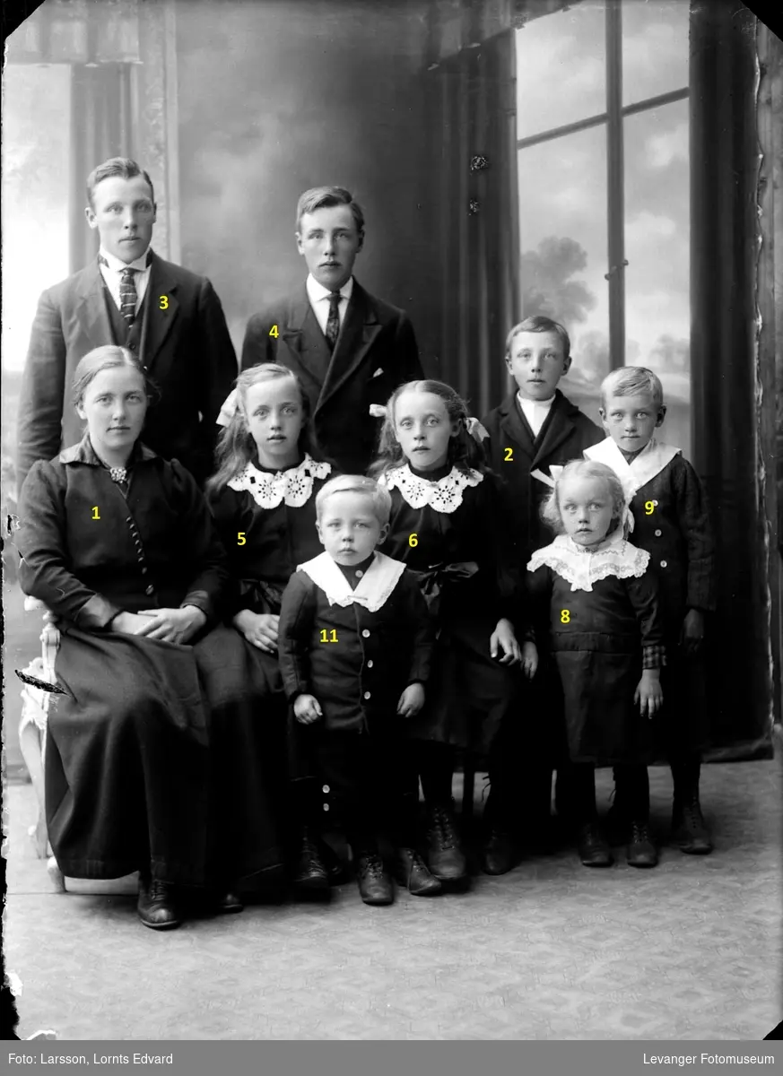 Gruppebilde av ni søsken Reinsberg ca. 1915, Vinne i Verdal