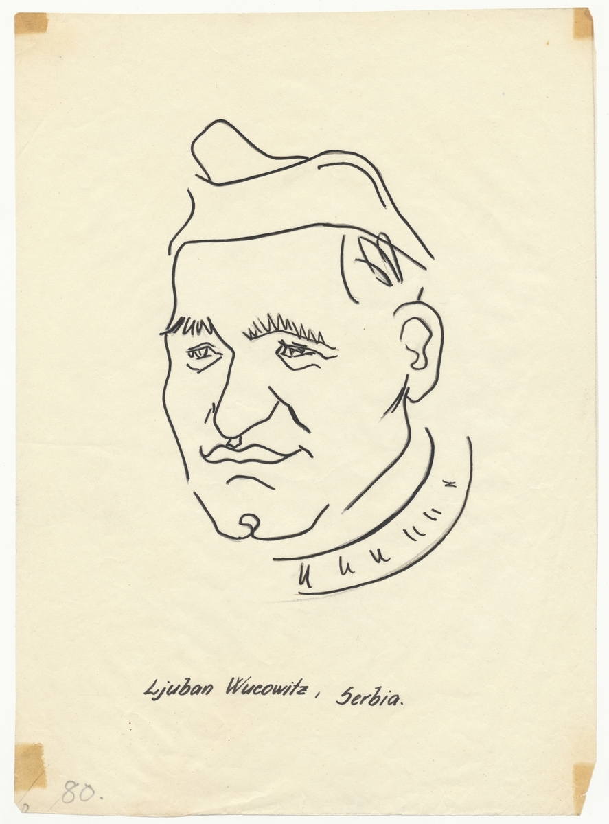 Portrettegning (karikatur) av falstadfange Ljuban Vuković (f. 1913), Jugoslavia.