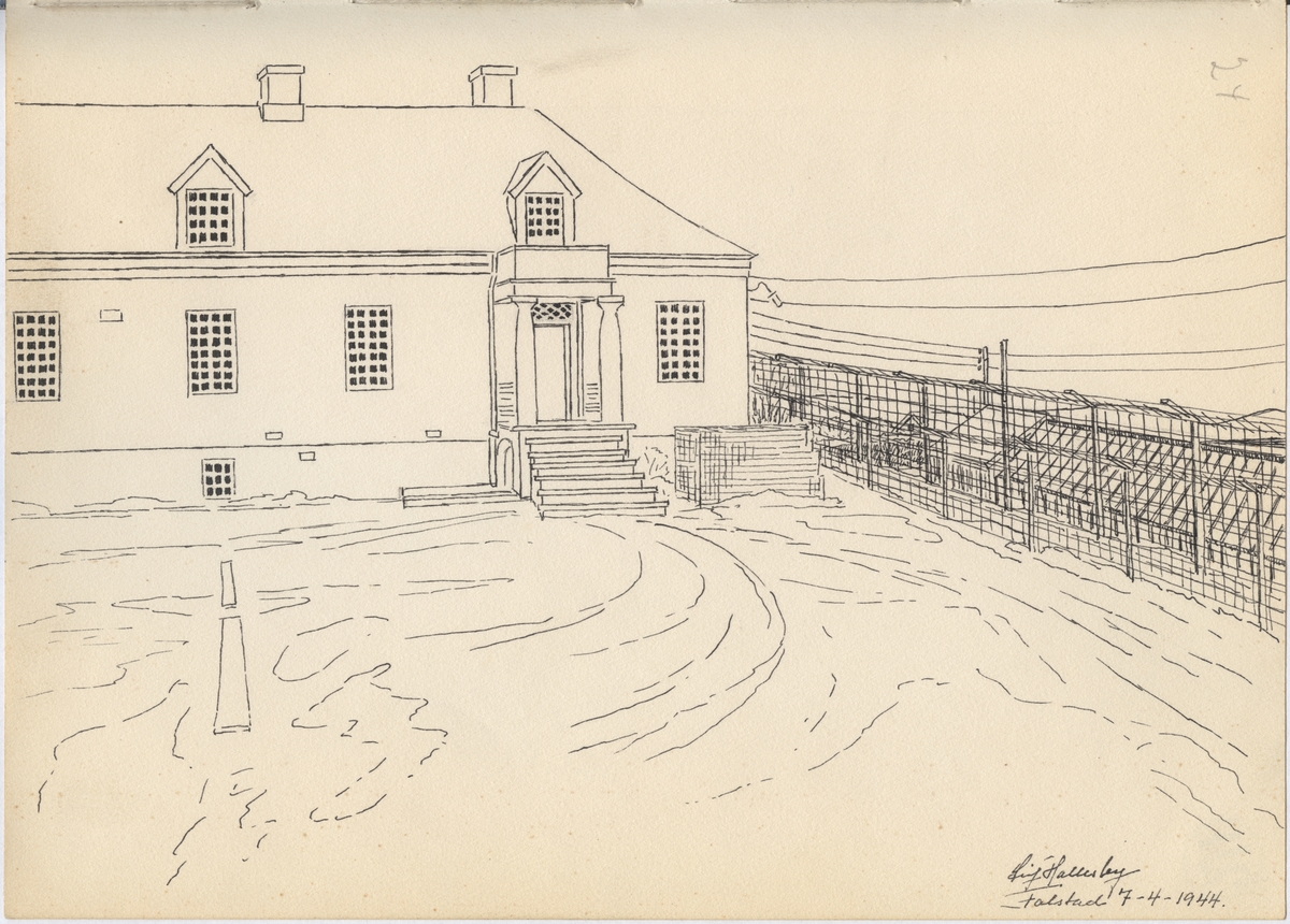 Tegning fra Falstad fangeleir, "Del av hovedbygningen". Deler av sørfasaden på leirens hovedbygning. Tegninga er datert 07.04.1944.