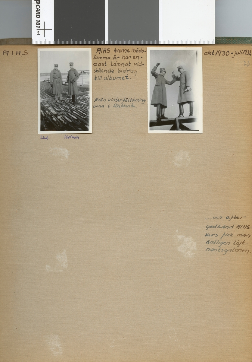 Text i fotoalbum: "AIHS okt 1930 - juli 1932. Från vinterfältövningarna i Rättvik. Lind, Holmin".