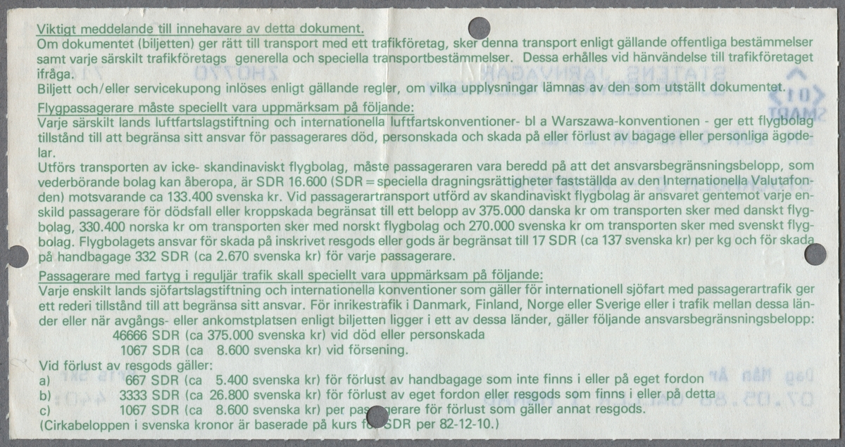 En tur- och returbiljett i 2:a klass för sträckan Stockholm C till Alvesta. Priset är 440 kronor. På baksidan finns reseinformation i grön text. Biljetten är klippt.