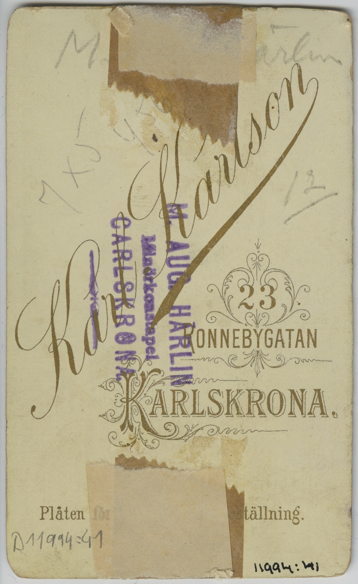 Visitkortporträtt av Max August Filibert Härlin, medlem i Sjöunderofficerssällskapet i Karlskrona.