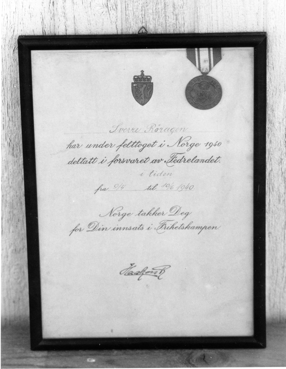 Minnediplom for deltakelse under felttoget i Norge 1940 tildelt Sverre Røragen