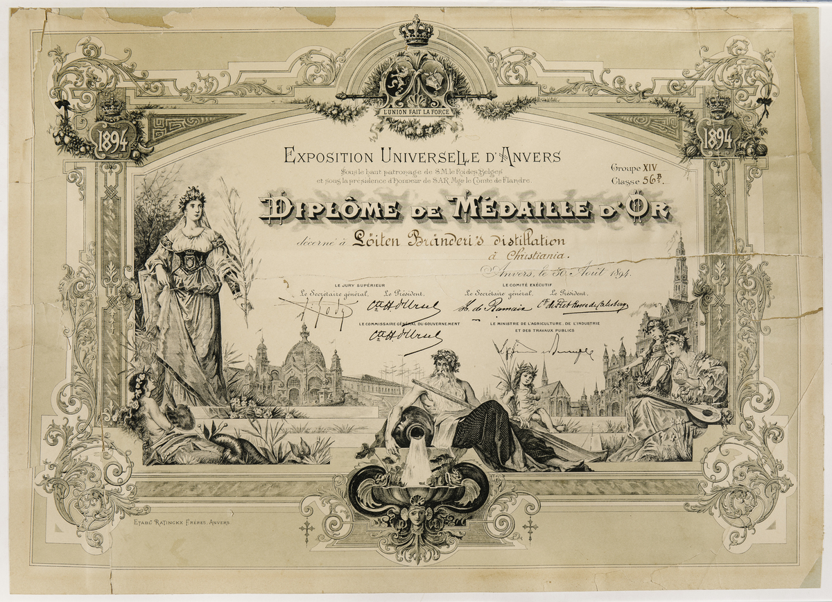 Gullmedalje til Løiten Destillation på Verdensutstillingen i Antwerpen 1894. 