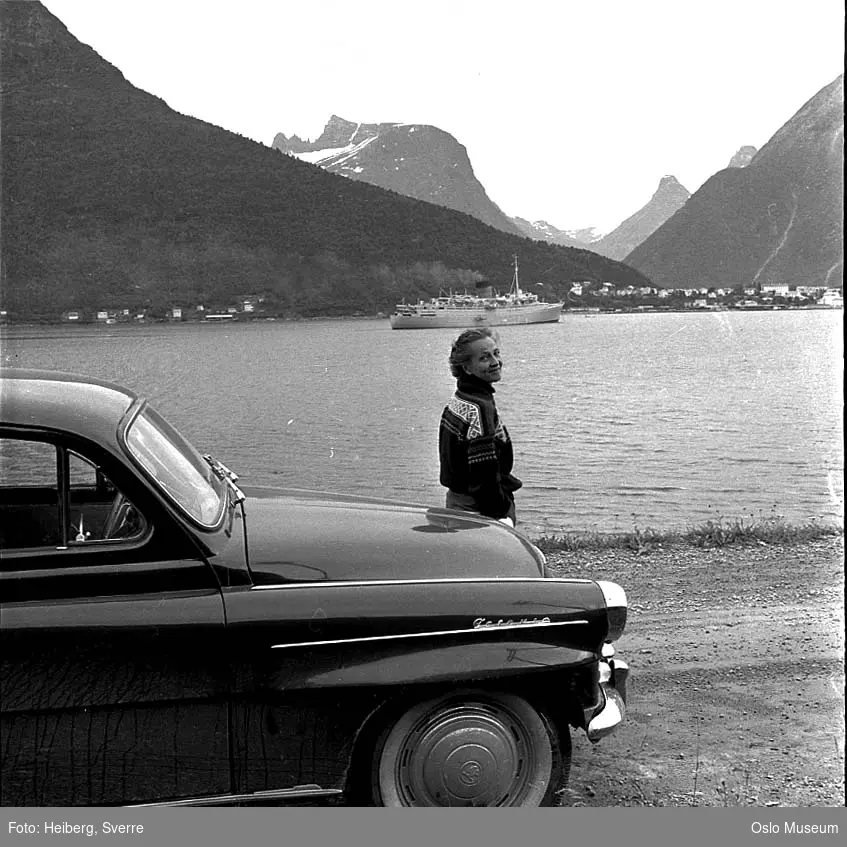 vei, bil, kvinne, fjord, turistskip, by, fjell