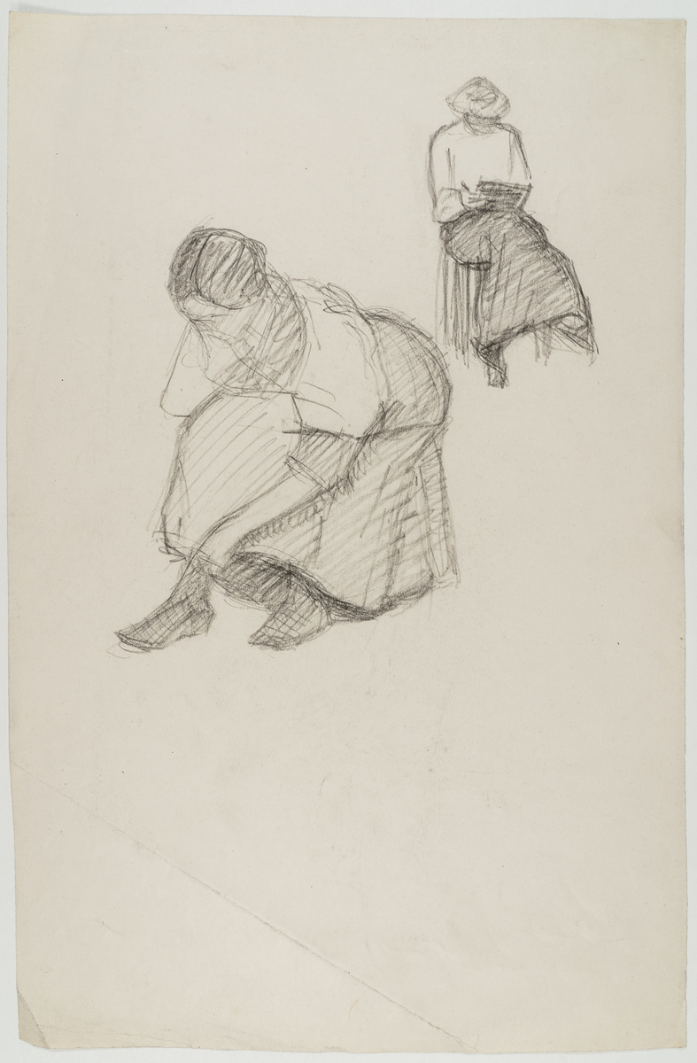 Skisse/ croquistegning av to kvinner. Den ene sitter bøyd og ser ut til å knyte skoene, den andre sitter og skriver/ tegner.