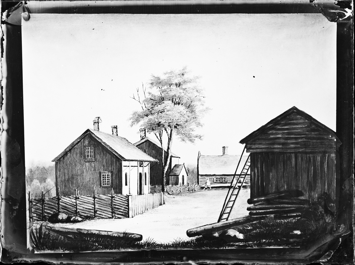 Teckning av gårdsmiljö, Råshult, Småland