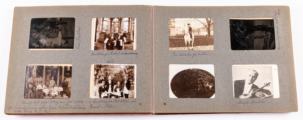 Fotoalbum med röda pärmar i papp från sent 1800-tal till tidigt 1900-tal. Innehållande personliga foton som har tillhört Jenny Viktoria "Tora" Svensson (född Larsson 1885-01-09) som bland annat drev Brukshotellet i Sandviken.