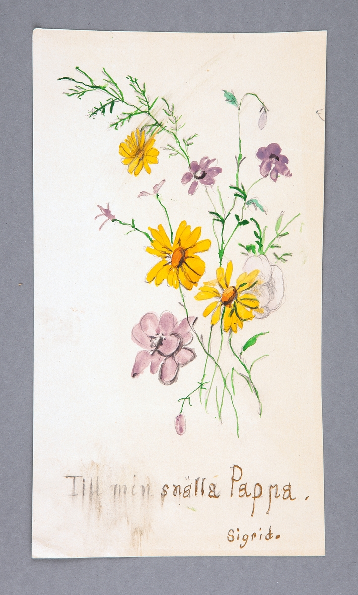 Teckning, akvarell, gula och lila blommor i buktett.