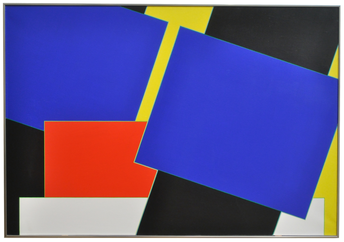 Liquitex på duk, Peter Freudenthal, 1974.
En abstrakt komposition där rakt och diagonalt ställda ytor i svart, blått, gult och rött överlappar varandra.