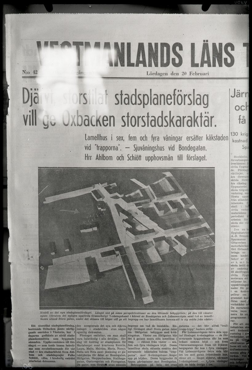 Förslag till Oxbackens ordnande ur VLT den 20 februari 1937. Västerås.