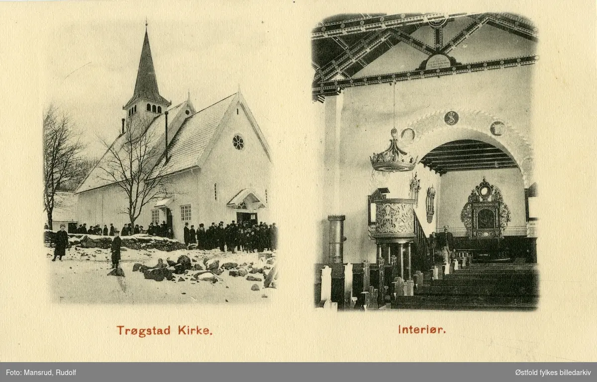 Trøgstad kirke, før 1904, eksteriør og interiør. Postkort.