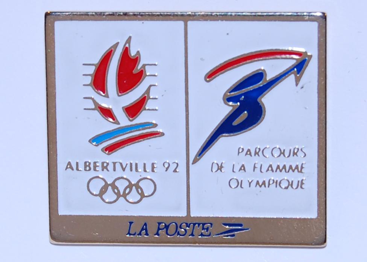 Merke med emblemet for de olympiske vinterleker i Albertville i 1992 og antakeligvis en logo for  LA POSTE.