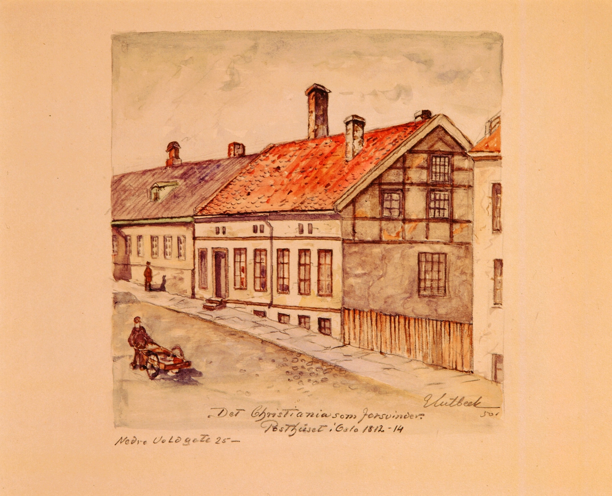 postmuseet, kunst, akvareller, G. Kulbeck: "Det Christiania som forsvinder, Nedre Voldgate 25", eksteriør, Posthuset i Oslo 1812-14, motivet finnes også på CD-rom PRO1, bilde nr 94