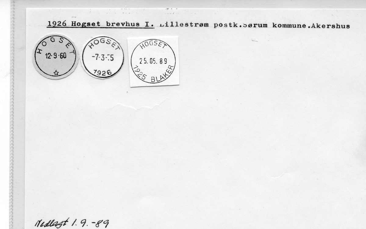 Stempelkatalog: 1926 Hogset brevhus, Lillestrøm postk., Sørum kommune, Akershus