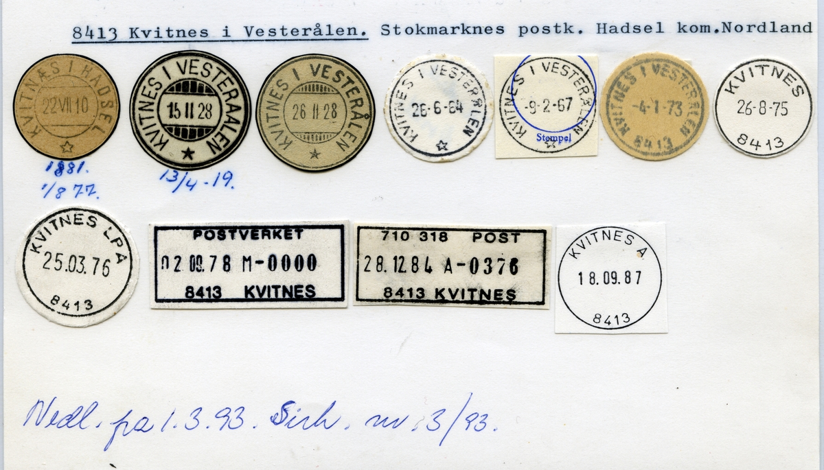 Stempelkatalog 8413 Kvitnes i Vesterålen (Kvitnæs i Hadsel, Kvitnes i Vesteraalen), Stokmarknes, Hadsel, Nordland