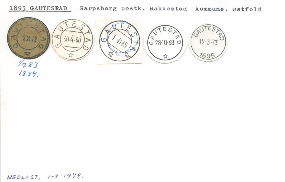 Stempelkatalog 1895 Gautestad, Sarpsborg, Rakkestad, Østfold