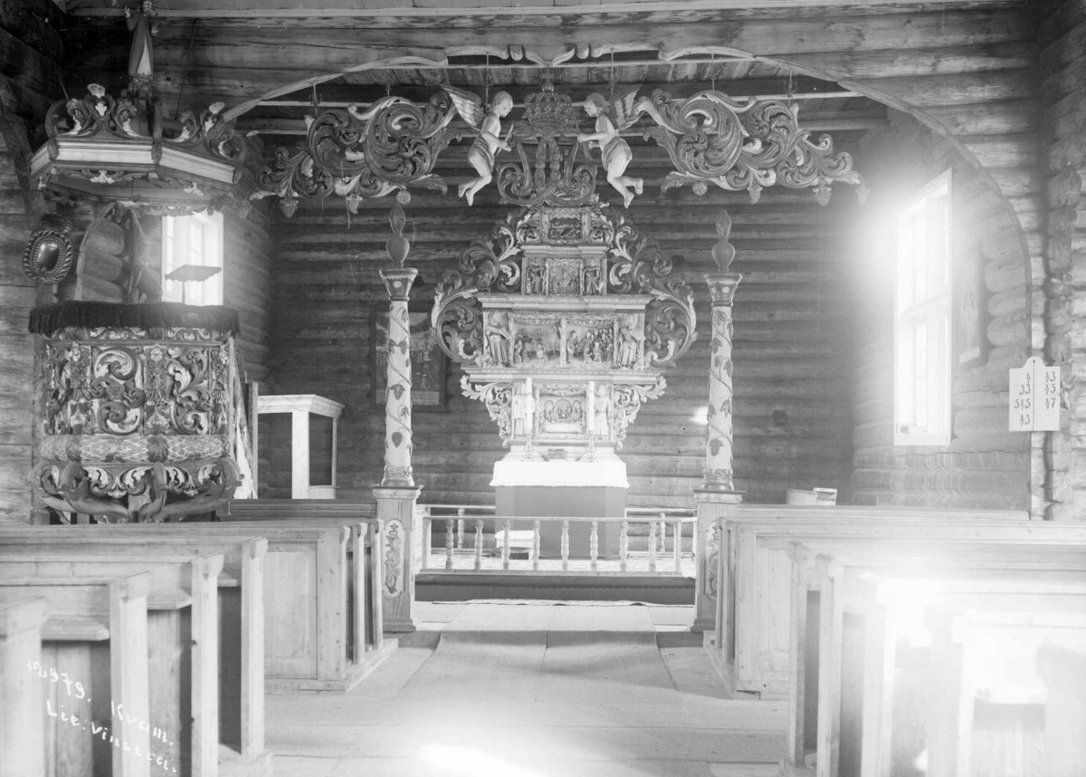 09.04.1910. Interiør Kvam kirke. Kort: Kvam Kirke.