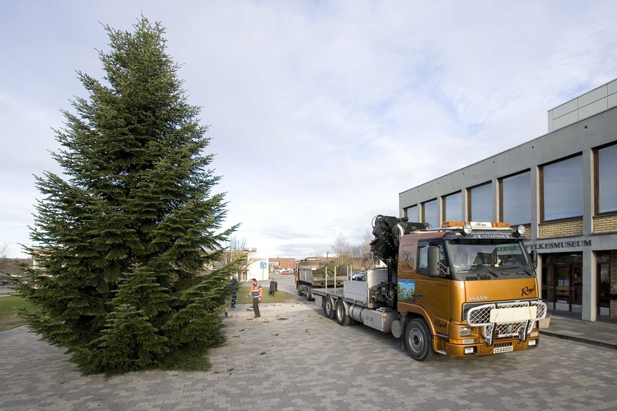 Julebelysning.

Juletreet settes opp utenfor Akershus fylkesmuseum 2005