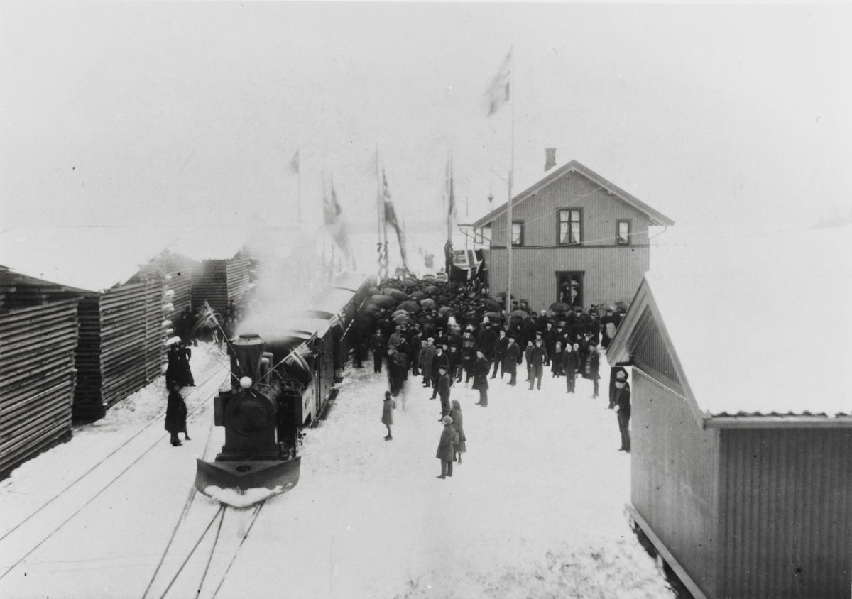 Urskogbanens åpningstog ankommer Bjørkelangen stasjon 14.11.1896.