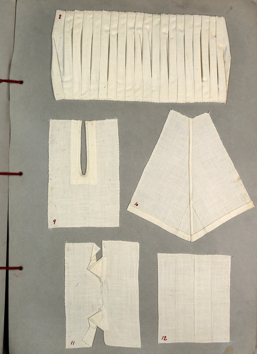 På de strikkete prøvene, er det variasjon i strikkemåte som utgjør dekoren. I tillegg er det lapper som har håndsydde border og broderte bokstaver og mønstre. 