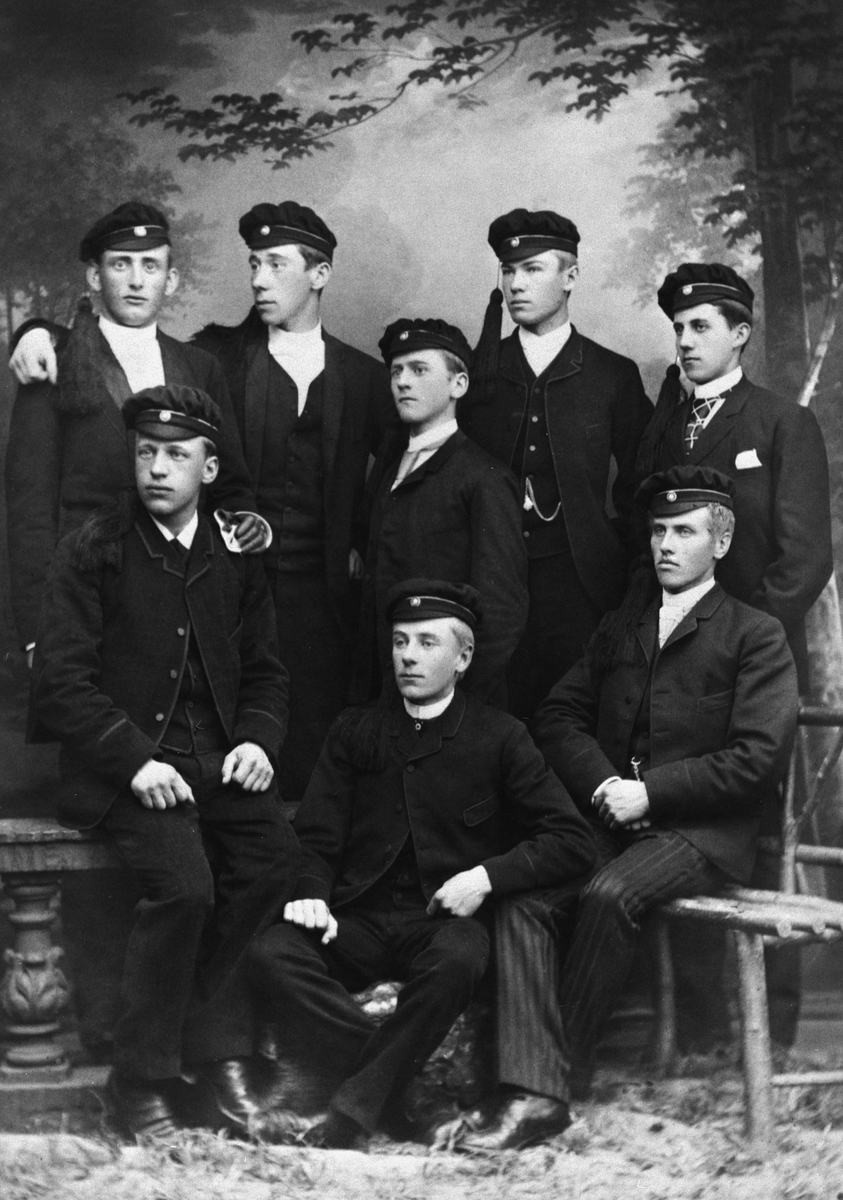 Hamar, gruppe 8 skoleelever ved Hamar katedralskole i 1891, øverst til venstre: Peter Bredal, Gjert Øvre Richter Frich, Sigmund Hals, Johan Land, andre rad fra venstre: Jens Bryhni, Ivar Flifleth og Lars Klundby og i midten foran: Jørgen Dobloug.