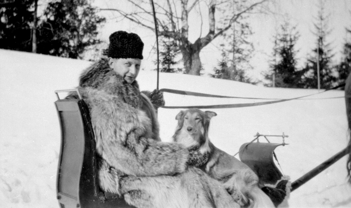 Doktor Einar Lundby (1894-1976) sitter i en husken slede med hunden Vesla i mars 1928. Nederkvern gård, Brumunddal. "Husken", en sledetype som er særegen for Hedmark. Smalslede hor to eller tre personer kan sitte etter hverandre på et langt sete. Bare den som sitter fremst kan sitte med bena inne i fatningen, de andre må sitte med bena på meiene. Smalsporet slede, ofte bar 35 cm og er derfor utstyrt med veimeier for å unngå å velte.