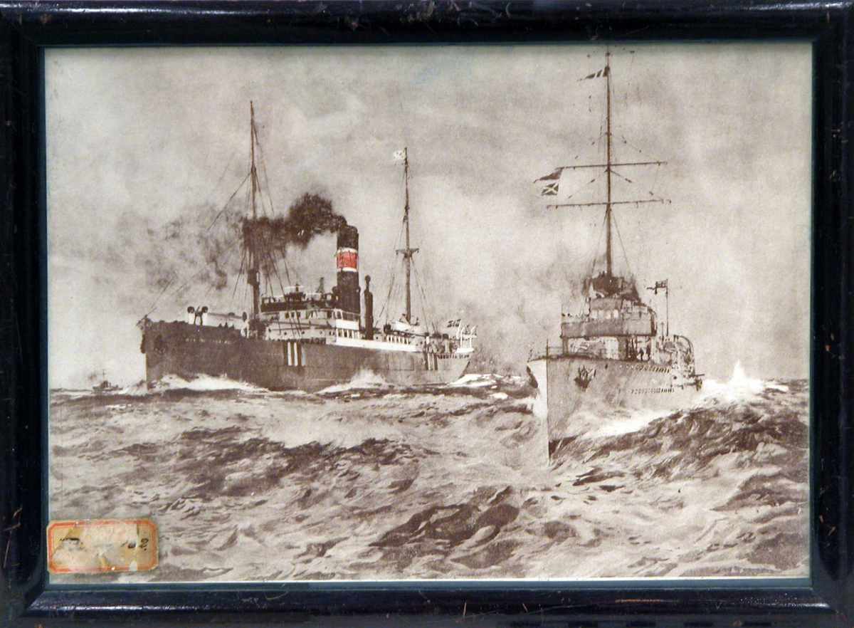 Trykt tegning av D/S "Rio de Janeiro" og et annet anonymt skip i fart på opprørt hav.
Muligens et kalenderbilde.