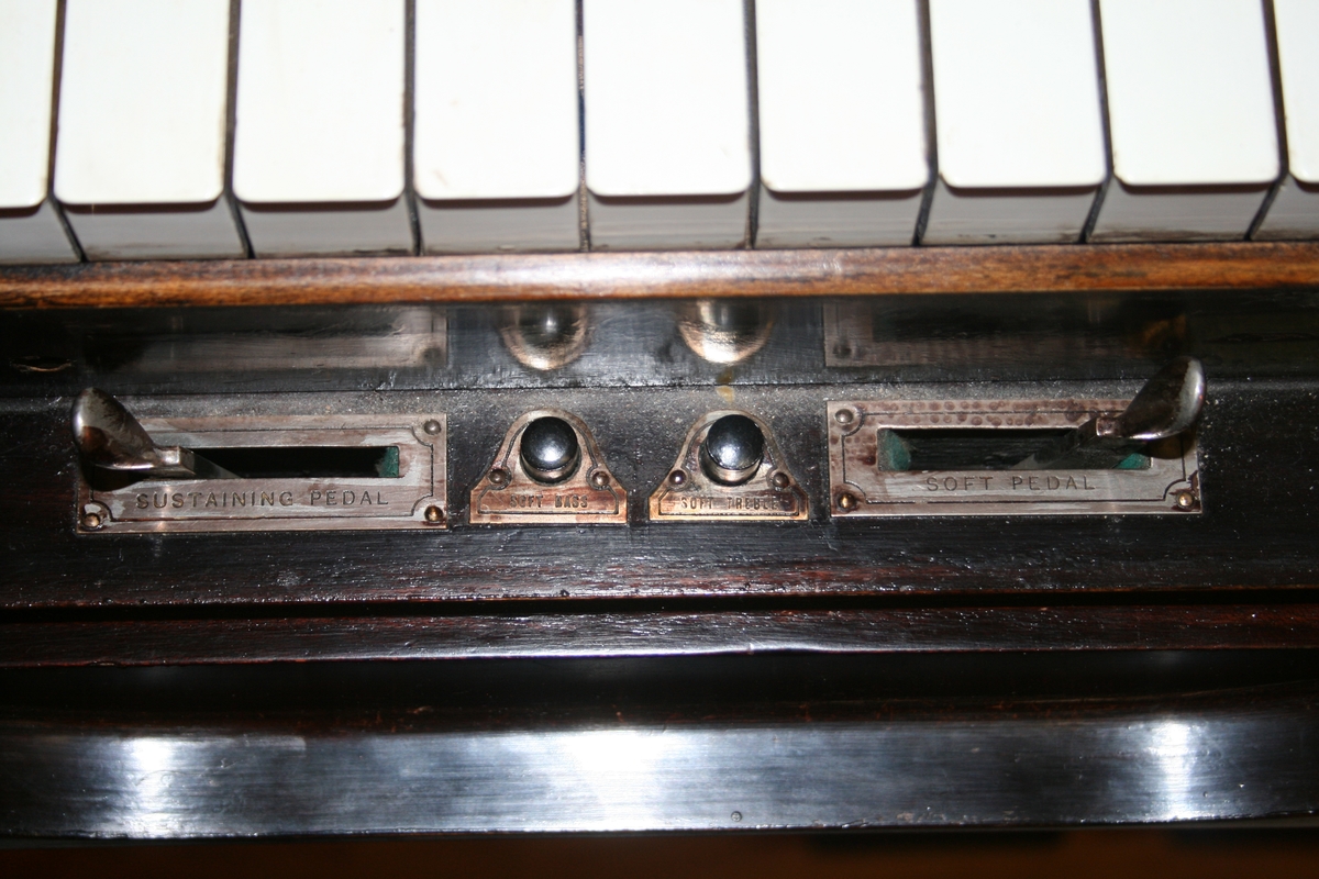 Omfang: AAA - c''''' (7 oktaver + ters)
Selvspillende piano m papirruller, programmert med musikk. Musikeren trør på to pedaler og styrer ved å håndtere ulike reglasjer selv tempo og forte- og pianopedalfunksjonene, samt en enkel dynamikk i bass respektive diskant ved å presse to knapper; alle reglasjer på et brett foran tastaturet.

Kasse/eksteriør:
Piano med selvspillende mekanikk. Sannsynlig Aeolian rulle-system.(instrumentet fungerer med Aeolian Themodistruller, men er utstyrt med et register «Solodant» som på Hupfelds instrumenter) Pianoet kan brukes enten som selvspillende, eller som vanlig piano. Det er mulig å spille på pianoet samtidig som automatikken er innkoblet. 
Boks for pianorullsmekanikk innfelt i kassens overdel mot musikeren. Skyvbar plate foran boksen. I tillegg en parallell skyvbar plate av plast(?), slik at mekanikk er synlig men beskyttet.  
Sammenbrettbart notestativ i lokk, felles frem foran pianorullboksen.
To pedaler for pneumatikken som kan felles inn, og en luke trekkes foran.
I tillegg to standardpedaler for piano (forte respektive piano).

Mekanikk:
To pigger for akslingen for pianorullene, den venstre hulete, den høyre med et sentret blad for å drive rullen (se bilde) (venstre: ø =11,5 (ytre), 5-7 (indre); høyre 11).
Avleser, eller tracker bar  - pneumatisk styringssentral, en plate med hull med undertrykk, som i en støvsuger, der informasjonen på pianorullen “leses” av. Når et hull i pianorullen passerer foran et hull i tracker bar, kollapser undertrykket og en mekanisk overføring kan skje videre i systemet. Det er 84 (!) hull for toner. Ytterst mot kantene er det 7 hull: dobbelte hull for aksenter, et for automatisk fortepedal samt fire hull for positionsregulering av pianorullen.
Fem pneumatiske kolver for rotasjonsdrift av pianorullene, plassert til høyre for rullboksen. Belger for autotracking (regulering sideveis av spole til pianorullen) plassert til venstre for rullboksen, hvilken styres av de to ytterste hullene i hver ende av tracker bar.

Kontroller:
Automatisk aksent (“Solodant”) og fortepedal (“Auto sust”) mulig å slå av ved reglasje for på/av inne i pianorullboksen. Der finnes også en tempoindikator (fra 10 – 150 rpm) samt spak for reversering av rotasjonsretning for tilbakespoling av rull. I tillegg reglasje for transponering to halvtoner nedover samt to oppover, ved at frontplaten på tracker bar skyves sideveis (se bilde) (derav kun 84 hull for å dekke opp pianoets alle 88 taster).
Foran tastaturet er en list som kan vris nedover/fremover. Der finnes fem stykk reglasje for manuell kontroll: to stk fjärbelastet vridreglage for forte- og pianopedal (i posisjon “av”), to stk trykknapper for demping av bass respektive diskant, samt en ikke fjärbelastet spak for regulering av tempo (se bilde).
En spak under klaviaturet låser respektive frigjør tastene for separat spill, eller for å spille med autopianoet.