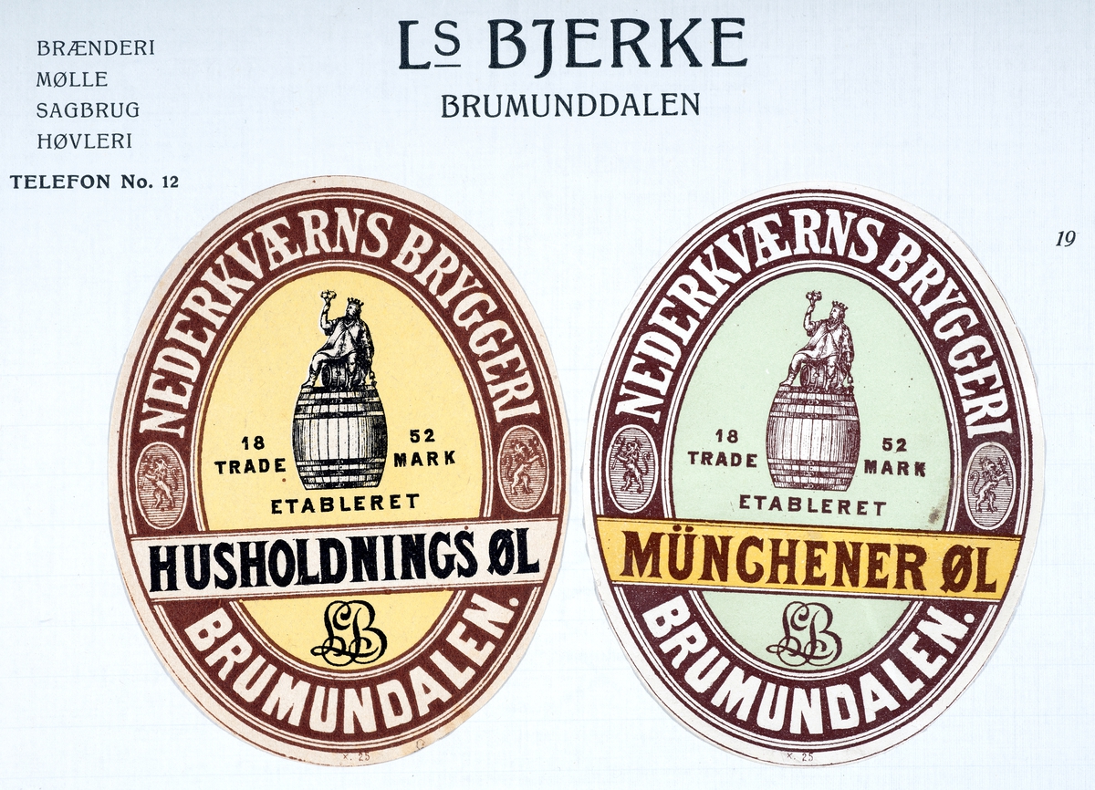 Øletikett. Nederkværns bryggeri(etablert 1852), Brumunddalen. Husholdnings øl og Münchener øl.